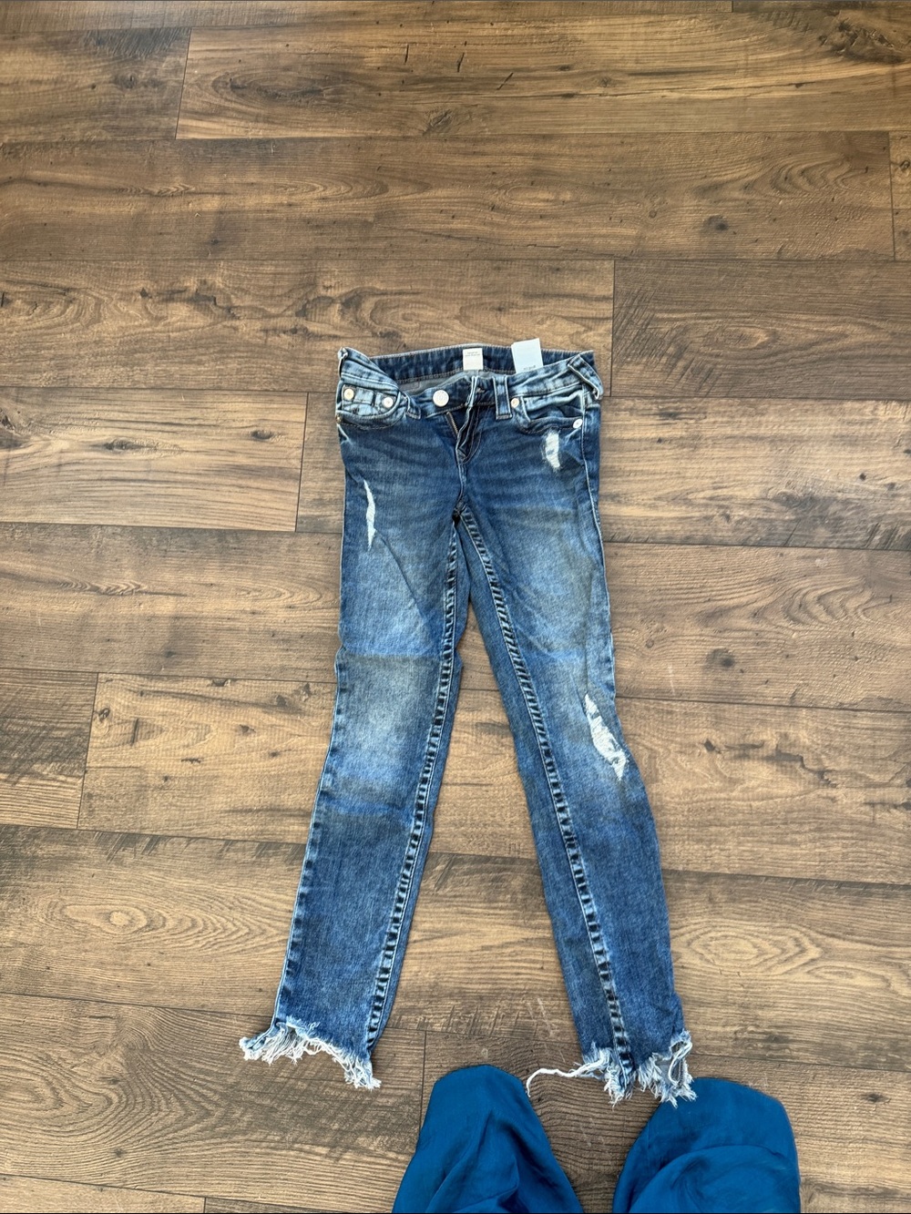 True Religion Blue Distressed Skinny Jeans with Frayed Hem